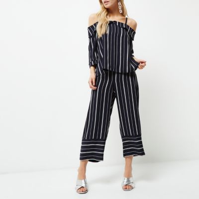 Petite navy mixed stripe cropped trousers